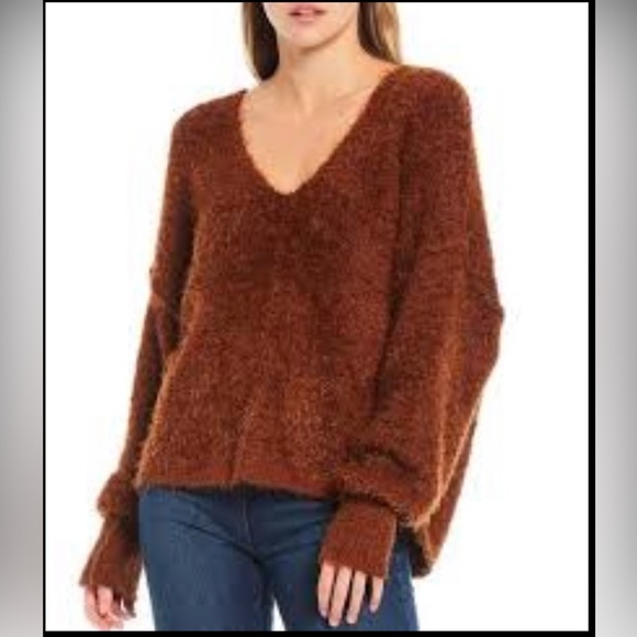 𝅺free people rust Icing Vneck furry pullover sweater xs/s - Picture 1 of 9